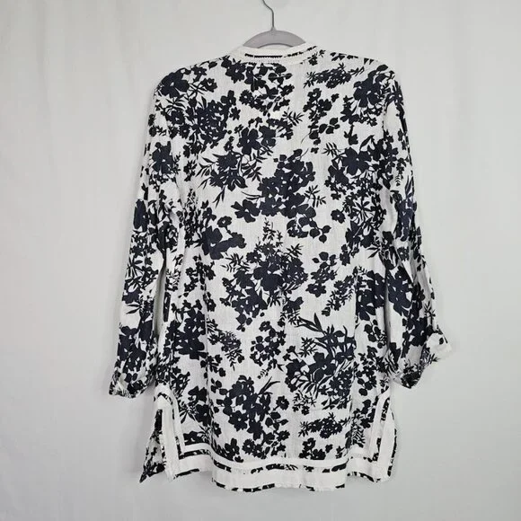 Women's MALVIN I Love Linen Tunic Top size M 8 NAVY BLUE & WHITE Floral Boho LS - Picture 8 of 8